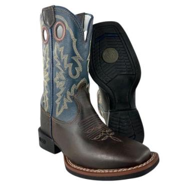 Imagem de Bota Texana Masculina Durango Couro Marrom Cano Azul Bordado Bico Quad