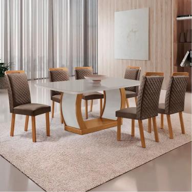 Imagem de Conjunto de Jantar Milena 6 Lugares Tampo MDF Vidro Serigrafado com Cadeiras Lorena Veludo Off White 180CM Moderna