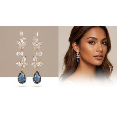 Imagem de Brincos Feminino Azul degrade Gota Cravejado Zirconia Banho Ouro 14k D