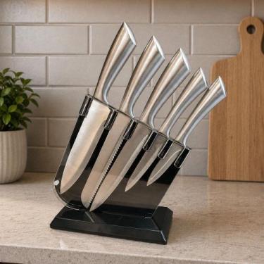Imagem de Conjunto De Facas Inox 5pçs + Suporte Profissional Cozinha - Genérico,