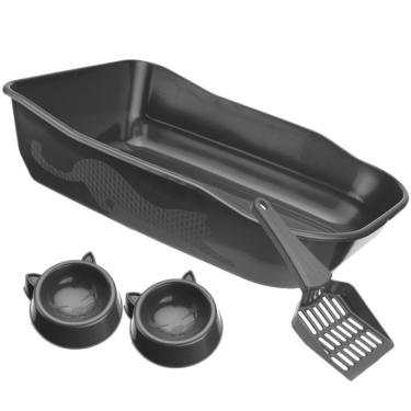 Imagem de Kit Caixa de Areia para Gatos Durapets Furba Grandes Preto com Bandeja Pazinha e 2 Comedouros 4 Peças