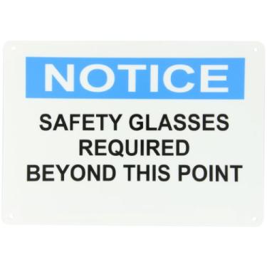 Imagem de Master Lock S23201 35,5 cm de largura x 25,4 cm de altura de polipropileno, placa de segurança azul e preto sobre branco, cabeçalho "Aviso", lenda "óculos de segurança necessários além deste ponto"