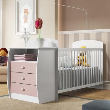 Imagem de Berço Cômoda Multifuncional Colinho de mãe com colchão incluso Multimóveis Branco / Rosa