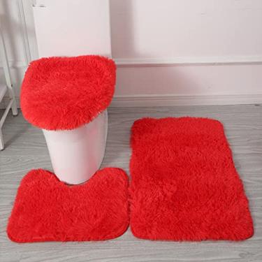 Imagem de Tapete de banho 3 peças/conjunto de pelúcia capa de banheiro almofada de pés absorvente antiderrapante tapete de banheiro de flanela macio tapete vermelho