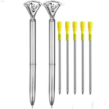 Imagem de 2 peças de canetas de diamante de prata com caneta esferográfica de diamante de cristal Bling Caneta esferográfica de metal com 10 refis para escritório, escola, festa de casamento