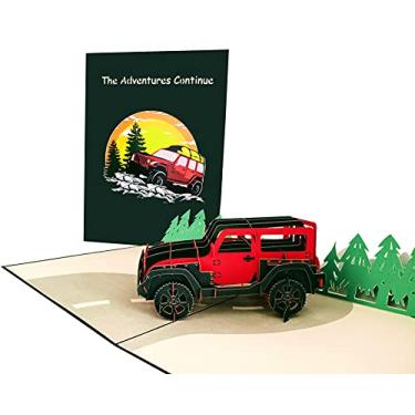 Imagem de iGifts And Cards Cartão pop-up 3D Adventure Awaits Red Jeep – Feliz aniversário, parabéns, presente de dia dos pais, aposentadoria, dia do chef, emocionante, viagem legal, alegre, parabéns, montanhas divertidas