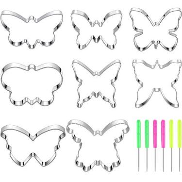 Imagem de Conjunto de 14 cortadores de biscoito borboleta de aço inoxidável cortador de biscoito sanduíche chocolate fondant molde de bolo e pinos de açúcar para assar na cozinha