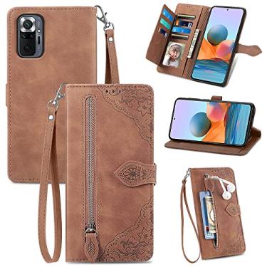 Imagem de Capas de telefone com slots de cartão de luxo compatíveis com Xiaomi Redmi Note 10S 10 Pro capa de couro cordão de negócios suporte com zíper carteira clipe de telefone (marrom, Redmi Note 10 Pro)
