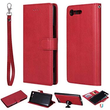Imagem de Capa carteira premium para Sony Xperia XZ, [2 em 1 destacável] Suporte magnético de couro PU com compartimentos para cartões, capa protetora flip [capa interior TPU à prova de choque] para Sony Xperia XZ Premium (vermelha)