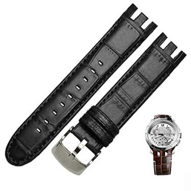 Imagem de SKM Pulseira de relógio de couro genuíno para Swatch YRS403 412 402G Pulseira de relógio 21mm Pulseira de relógio masculina com extremidade curvada Pulseira de relógios (Cor: Bambu Preto, Tamanho: 21mm)