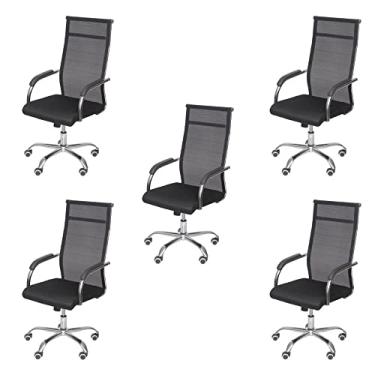 Imagem de Conjunto 5 Cadeiras de Escritório com Rodízios Alta Encosto Tela Roma Or Design Preto
