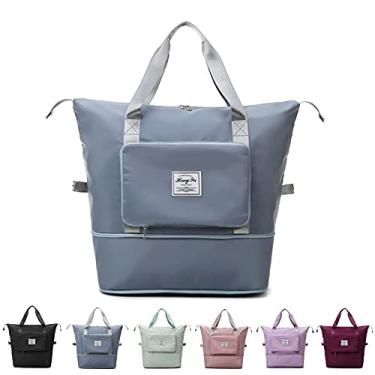 Imagem de Bolsa de viagem dobr�vel de grande capacidade, port�til, dobr�vel, leve, imperme�vel, tecido Oxford, bolsa esportiva de separa��o seca e molhada para mulheres, Azul