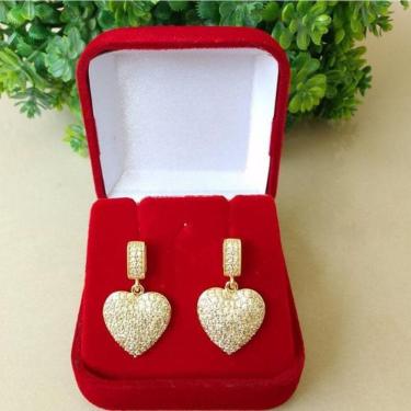 Imagem de Brinco Coração Cravejado Luxo Pedra Zirconia Banho De Ouro 18k