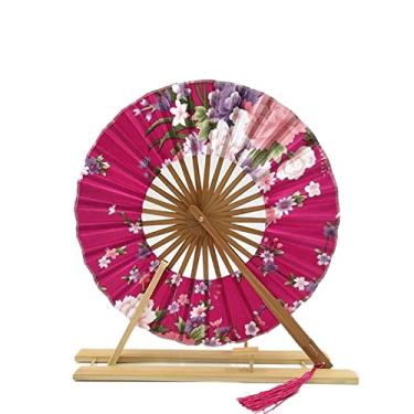 Imagem de Leque dobrável japonês Sakura flor bolso ventilador de mão dobrável círculo redondo decoração de festa presente moinho de vento ventilador dobrável de bambu acessórios decorativos feitos à mão (cor: 06)