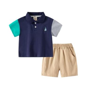 Imagem de Conjunto de shorts de camisa polo infantil para bebês meninos com desenho animado Color Block camisa de manga curta esportiva 2 peças shorts conjuntos de terno, Azul-marinho, 2-3T