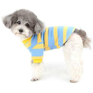 Imagem de Ranphy Roupas de malha de cachorro pequeno listrado roupa de cachorro camisa cachorro suéter fino moletom macio cachorrinho pulôver regata duas mangas curtas vestuário para animais de estimação azul