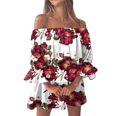 Imagem de Vestidos de verão para mulheres vintage estampa floral praia sexy ombro de fora túnica vestido de verão casual para mulheres, Vinho, G
