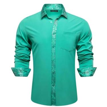 Imagem de Camisas masculinas de seda manga longa azul-petróleo sólido patch Paisley Slim blusa masculina Casaul lapela tops primavera outono, 0349, GG