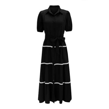 Imagem de Vestido feminino solto manga longa cor sólida vestido maxi camisa 2023 chiffon rodado vestido midi longo, B1 - preto, GG