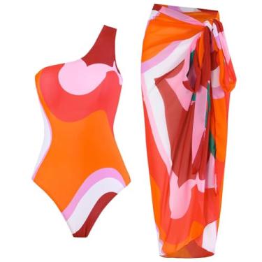 Imagem de OLEMEK Maiô feminino de 2 peças, maiô de praia com estampa floral, biquíni tropical com saia envolvente, Laranja-vermelho, G