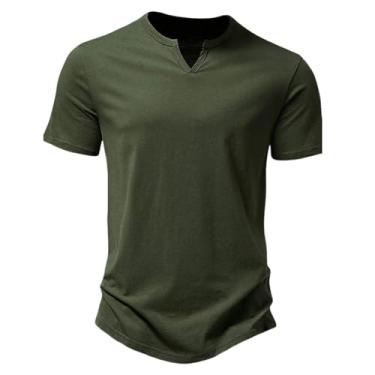 Imagem de Camisetas masculinas manga curta slim fit gola V pulôver camiseta cor sólida casual esportes tops, Verde militar, XG