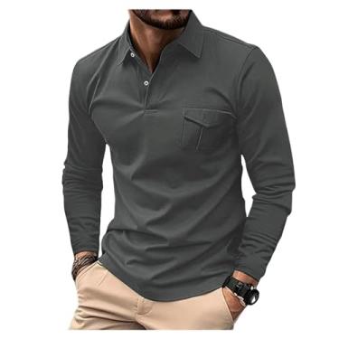 Imagem de Camisa polo masculina bolso frontal meio botões cor sólida gola larga pulôver ajuste solto, Cinza, P