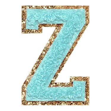 Imagem de 3 Pçs Chenille Letter Patches Ferro em Patches Glitter Varsity Letter Patches Bordado Borda Dourada Costurar em Patches para Vestuário Chapéu Camisa Bolsa (Azul, Z)