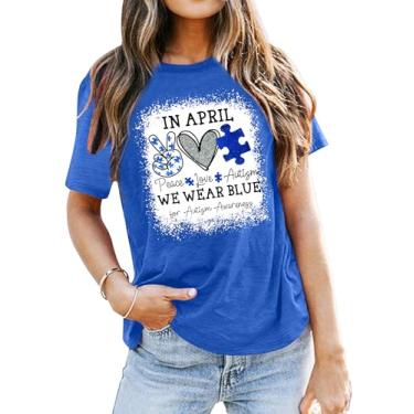 Imagem de Camisetas de conscientização sobre autismo para mulheres Peace Love Autism Shirt Inspiration Casual Bleached Tee Tops, Bleach Blue1, P