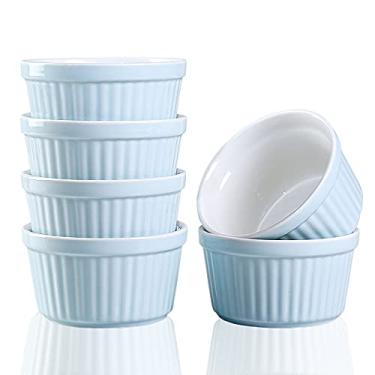 Imagem de YAZYLIFE Ramekins 170 g seguro para forno, pratos de ramekin e suflê creme brulee, tigelas de porcelana, molho de mergulho. Copos de pudim, conjunto de 6, azul.