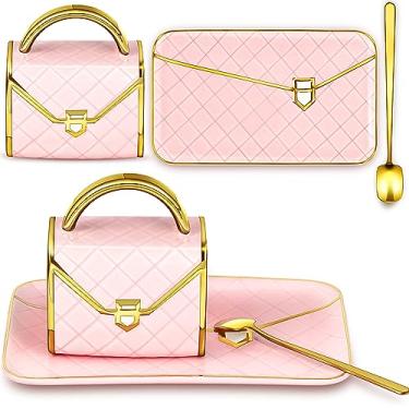 Imagem de Zubebe Caneca em forma de bolsa xícara de café de cerâmica rosa com colher e pires 310 ml Conjunto de xícara de chá fofo caneca de viagem criativa com caixa de presente para mulheres escritório casa