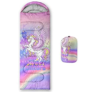 Imagem de QOOMO Sacos de dormir de acampamento estampados de unicórnio, 3 estações para clima quente e frio, leves, sacos de dormir à prova d'água para adultos e crianças, viagens e ao ar livre, equipamento de acampamento, 78,7 x 228,5 cm