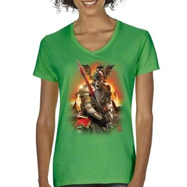Imagem de Camiseta feminina Apocalypse Reaper gola V fantasia esqueleto cavaleiro com uma espada medieval lendária criatura dragão bruxo, Verde, P