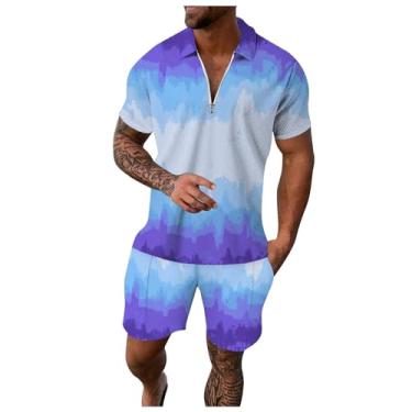 Imagem de Camisetas casuais Henley de manga curta para praia, shorts e calças de verão, conjunto de duas peças masculino 2024 conjunto de 2 peças, 11 - roxo, G