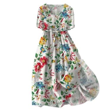 Imagem de Vestidos de primavera para mulheres 2024 Boho floral lapela gola botão casual evasê vestido de renda férias praia rodado vestido longo, Bege-d, G