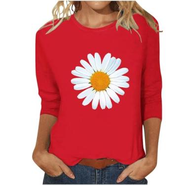 Imagem de Camisetas femininas de manga 3/4, gola redonda, fofas, casuais, floral, caimento solto, túnica para leggings, Vermelho, XXG