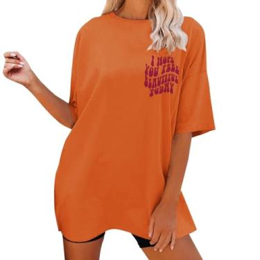 Imagem de Camiseta feminina grande com letras engraçadas, gola redonda, manga curta, camisetas casuais de verão, Laranja, M