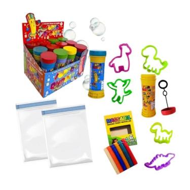 Imagem de Kit Lembrancinha 20 Massinha De Modelar + 20 Bolha De Sabao + 20 Forminhas + 20 Saquinhos Transparente com Lacre