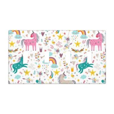 Imagem de Unicórnio colorido arco-íris infantil menina 4 gangues quadriciclo dispositivo interruptor de luz placa decorativa placa elétrica tamanho grande tomada luz interruptor placa