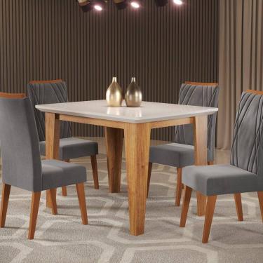 Imagem de Mesa de Jantar Retangular Divine com Vidro 1,20x90 e 4 Cadeiras Vegas em Madeira Maciça Mel/off White/Grafite