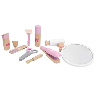 Imagem de shenruifa Conjunto de cabeleireiro infantil realista para meninas para salão de beleza, conjunto de penteado, brinquedo de beleza de madeira, ferramenta de simulação educacional para meninas (GB-rosa