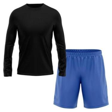 Imagem de Kit Short Azul + Camiseta Masculina Manga Longa Segunda Pele Esporte Treino-Masculino