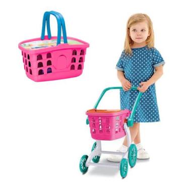 Imagem de Carrinho Supermercado Cestinha Compras 2x1 Infantil Oferta - Samba Toy