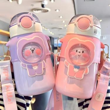 Imagem de IDIDG Garrafa de Água de Aço Inoxidável com Canudo e Alça, Isolada Kawaii, à Prova de Vazamento, Reutilizável de 590 ml para Água Potável Diária, Escola, Esportes e Aventuras (Rosa)