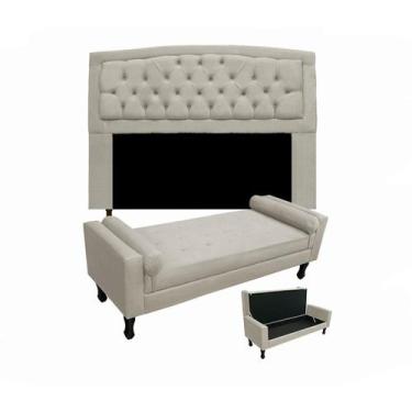 Imagem de Jogo Cabeceira Geovana + Calçadeira Fênix Solteiro 90cm Suede Bege - L