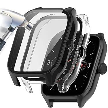 Imagem de Acadeny [Pacote com 2] Capa com película protetora de tela de vidro temperado compatível com Amazfit GTS 4, dureza 9H, 360°, capa protetora ultrafina para PC para GTS 4, preta, transparente