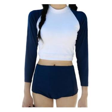 Imagem de BASADINA Roupa de banho para meninas adolescentes, roupa de banho Rash Guard, manga comprida, cintura alta, conjunto de biquíni com FPS 50+ (11-16 anos), Azul, 13-14 Anos