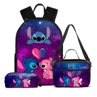 Imagem de Kit Mochila Escolar Infantil Lancheira Estojo - Genérica, Stitch Roxo