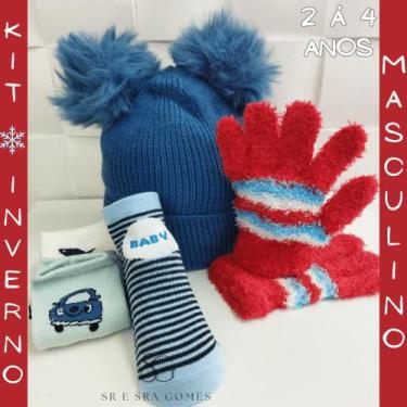 Imagem de Kit 5 Itens Inverno Infantil Masculino Touca Luva e Meia de 2 á 4 Anos