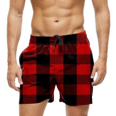 Imagem de Short Praia Shorts Banho Bermuda Verão Xadrez Vermelho Preto Estilo 60