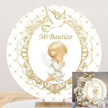 Imagem de TTQYFNM Capa de fundo redonda Mi Bautizo de 1,8 x 1,8 m de poliéster Little Angel Primeira Comunhão Círculo Branco Fotografia Fundo para Batismo Batismo Mi Primera Banner Suprimentos Foto Adereços